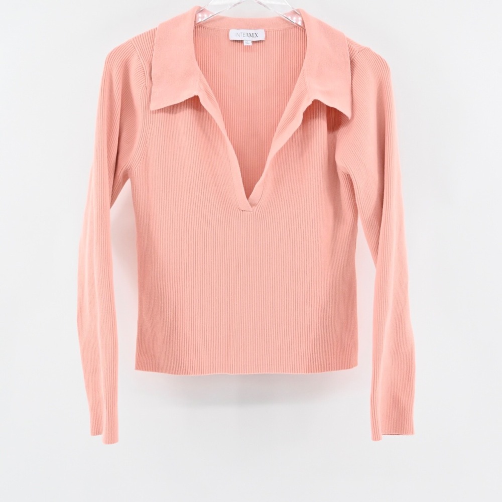 INTERMIX Ribbed‎ Knit Polo V-Neck Sweater Womens Size XL Pink Cotton Blend Top